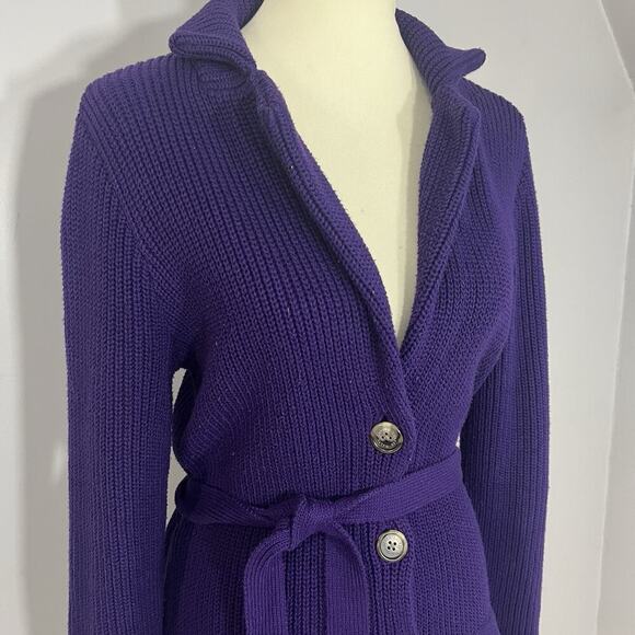 Ralph Lauren Preppy Purple Ribbed Long Cardigan Knit Sweater Belt Pockets Cotton - Picture 5 of 12